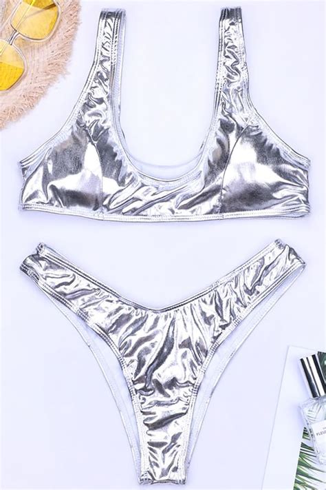 silver metallic triangle bikini set bikinis my xxx hot girl