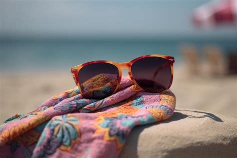 premium ai image close up sunglasses and towel lies on beach with ocean sunny background
