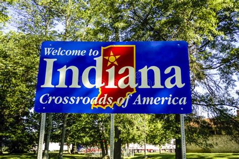 Welcome To Indiana Road Sign Against Blue Sky Stock Photo Image Of
