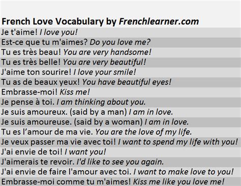 French Love Vocabulary And Phrases