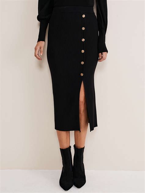 Phase Eight Irina Ribbed Button Midi Skirt Black At John Lewis And Partners