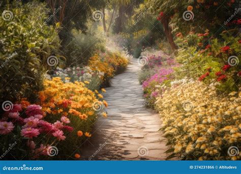 Pathway Leading Through Garden With Colorful Flowers In Bloom Stock