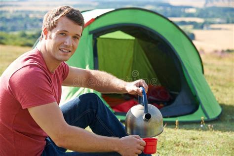 Young Man Camping In Countryside Stock Image Image Of Tent Vacation