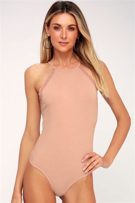 Sexy Blush Pink Bodysuit Halter Bodysuit Lace Bodysuit