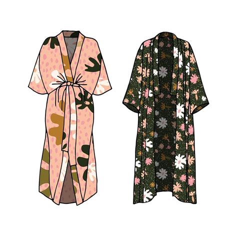 Fashion Mockup Kimono Robe With Floral Pattern In Pink And Green By