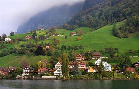 Images Switzerland Lucerne Lake Grasslands Houses Cities 600x388
