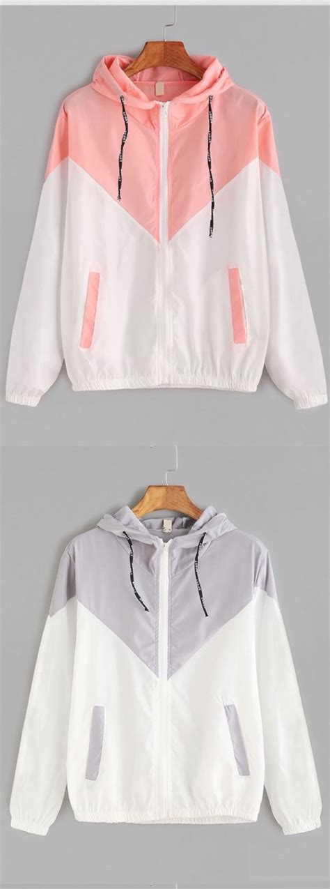 Color Block Drawstring Hooded Zip Up Jacket Sheinsheinside