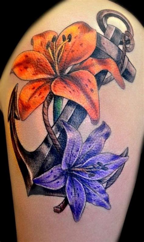 12 Anchor Tattoo With Flowers More Lily Tattoo Lillies Tattoo Heart