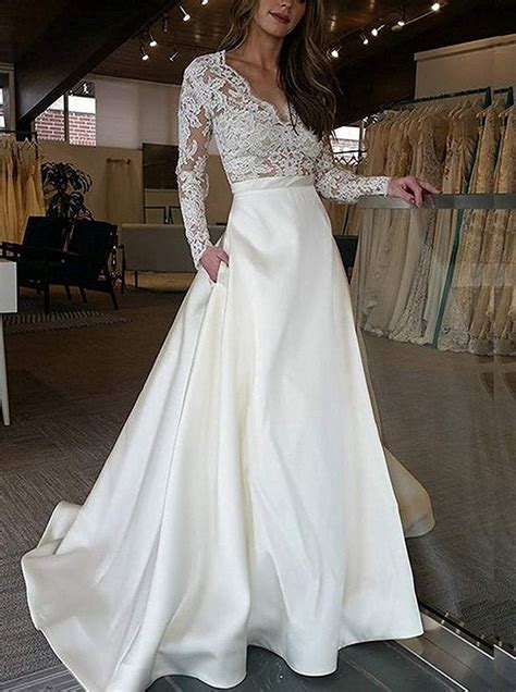 Cheap V Neck Lace Long Sleeves Satin Wedding Dress With Pocket Ow