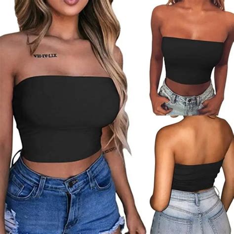 Womens Sexy Strapless Off Shoulder Crop Tube Top Solid Color Stretchy Bandeau Seamless Casual