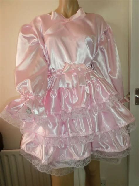Adult Baby Sissy Pink Satin Pretty Frilly Ruffle Dress 42 Long Puffed