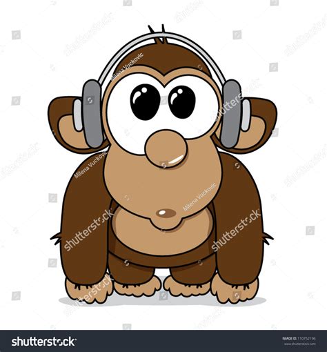 Funny Cartoon Monkey Headphones Listening Music Stock