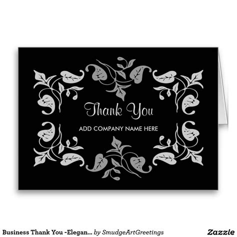 Business Thank You Elegant Silver Leaves On Black Greeting Card