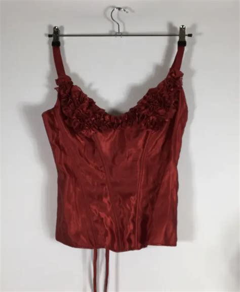 Vtg Fredericks Of Hollywood Red Satin Corset Style 50222 Ruffle Roses