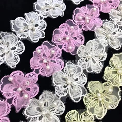 Organza Embroidery Fabric Lace Patch Trim Clothes 3d Beading Flower