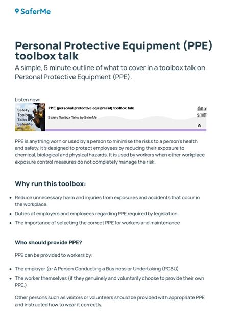 Personal Protective Equipment Ppe Toolbox Talk Saferme Pdf Personal