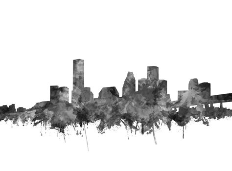Houston Skyline Watercolor Black And White Painting By
