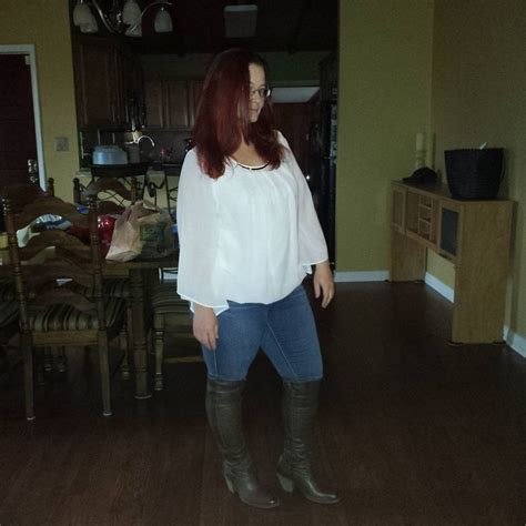 Scarlet Winters In Jeans And Boots Jeans And Boots Over The Knee Boots Open Shoulder Tops
