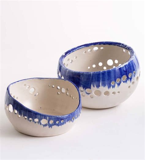Ceramic Organic Shaped Serving Bowls Set Of 2 Blue Vivaterra