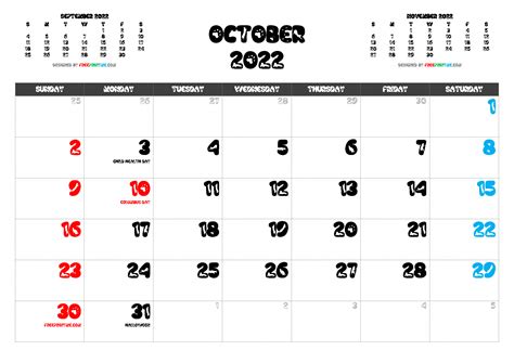 Free Printable October 2022 Calendar With Holidays Pdf Png