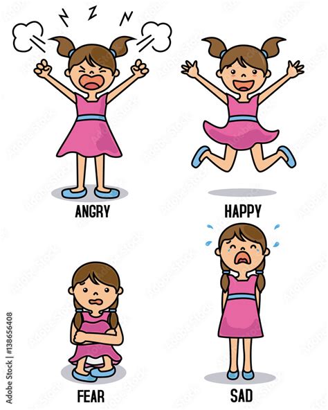 Girl With Different Emotions Happy Angry Sad And Scared Stock Vector