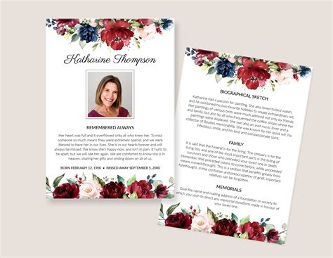 Obituary Template Funeral Memorial Card With Burgundy Red Etsy