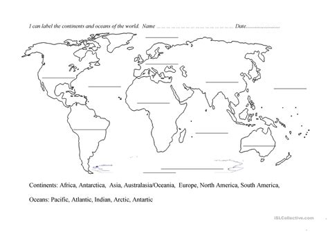 Continents And Oceans Printable Map