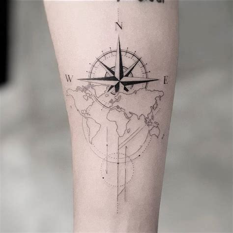 Fine Line World Map And Compass Rose Tattoo