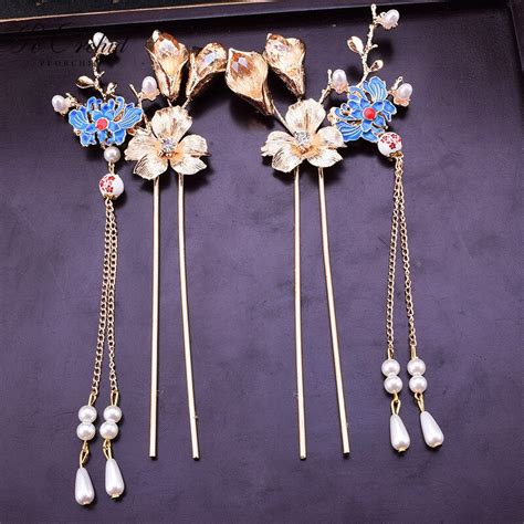 Peorchid Gold Blue Chinese Hairpin Floral Traditional Tang Brides Hair