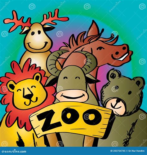 Cute Zoo Animals Vector Illustration Line Art Hand Drawing Stock
