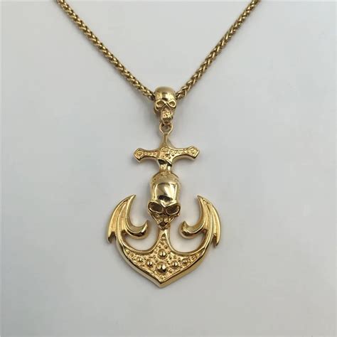 Punk Skull Pirate Anchor Pendant Men Gold Color Jewelry Stainless Steel Navy Navigation Necklace