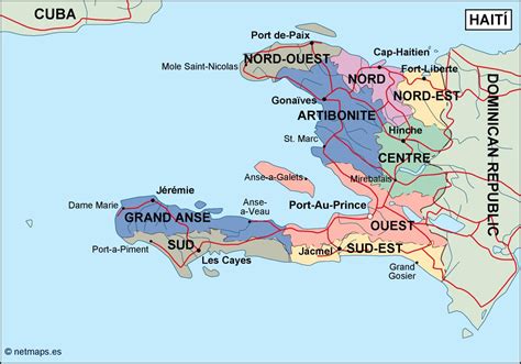 Haiti is a country of 9,648,924 inhabitants, with an area of 27,750 km2, its capital is above you have a geopolitical map of haiti with a precise legend on its biggest cities, its. haiti political map - Netmaps. Mapas de España y del mundo