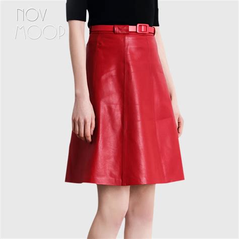 Red Genuine Leather Skirts Women A Line Skirt Faldas Jupe Saia Etek Faldas Largas 100 Lambskin