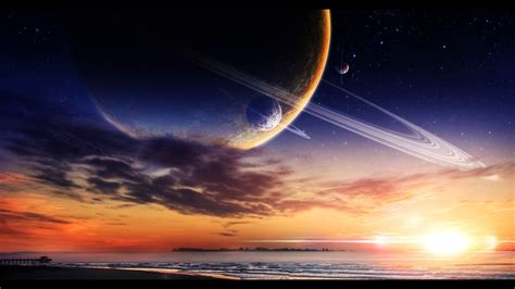 Stars Space Galaxy Clouds Saturn Moon Satellite Sunset Water