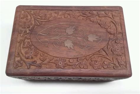Vintage Teak Carved Wood Inlay Trinket Jewelry Box Primitive Folk Mid