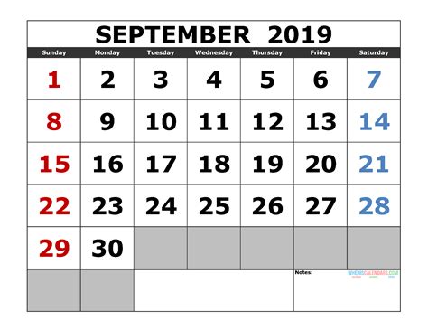 Printable September 2019 Calendar Template Landscape Format