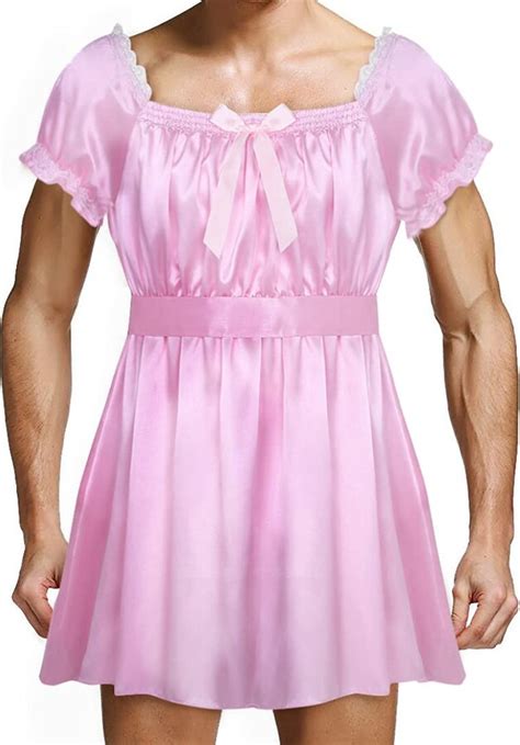 Yeahdor Mens Soft Sissy Lingerie Silky Satin Frilly French Maid Dress Crossdress Nightwear