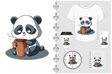 Premium Vector Set T Shirt And Merchandising Little Panda With Coffee