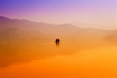 Two People Riding Canoe Boat During Sunset View Photo Hd Wallpaper