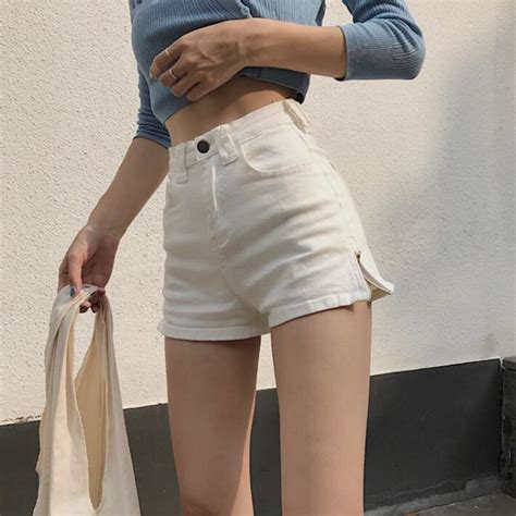Bnwt Ulzzang White Korean High Waisted Zip Up Denim Shorts Womens