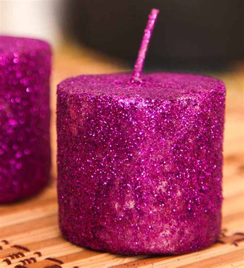Purple Set Of 2 Big Decorative Small Pillar Shaped Sparkle Candle By
