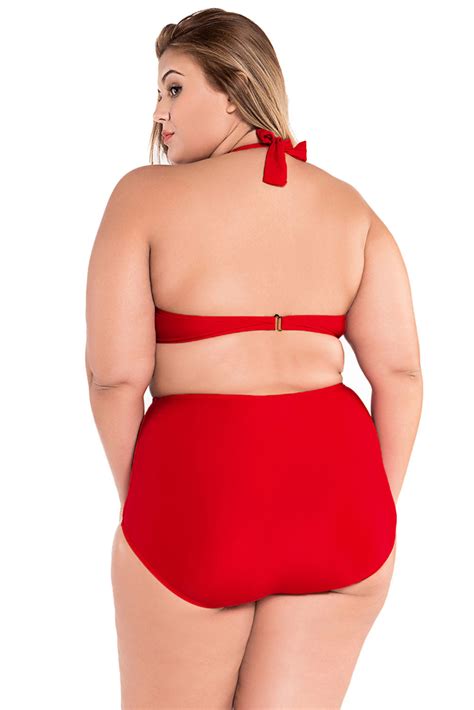 Sexy Solid Red Plus Size Halter Bikini Swimsuit Sexy Affordable Clothing