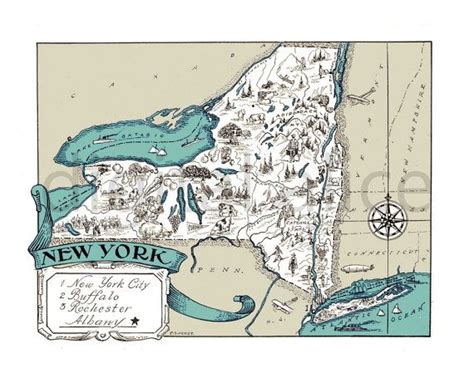 Vintage 1930s New York Map New York State Colorful Etsy Map Of New