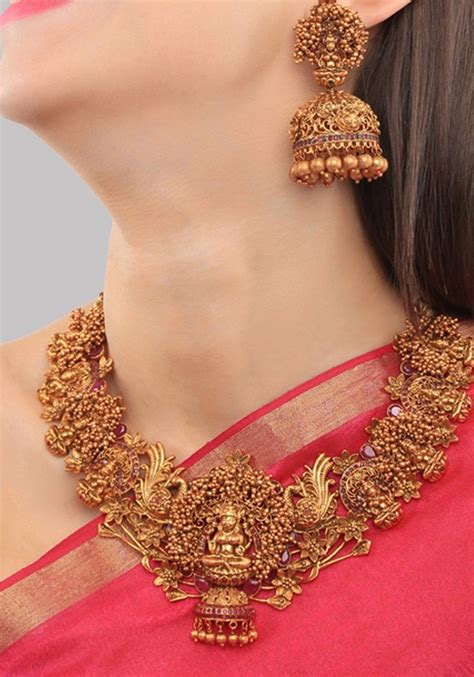 Gold Plated South Indian Lakshmi Temple Jewelry Necklace Set 24kt Gold