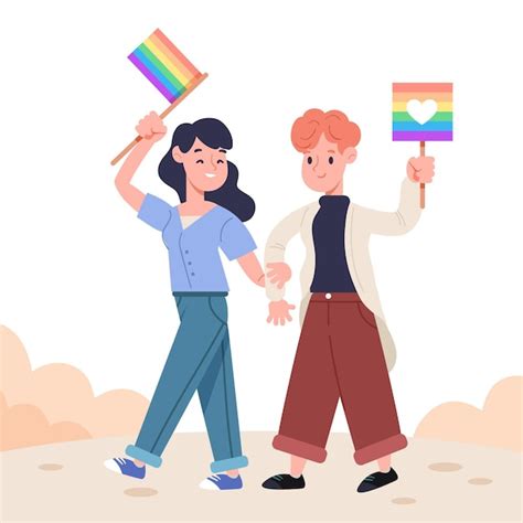 Premium Vector Cute Lesbian Couple With Lgbt Flag Illustrated
