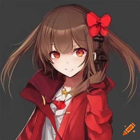 Anime Girl With Brown Hair Amber Eyes Wears A Red Jacket And Red Bow