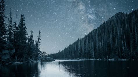 Hd Wallpaper Night Landscape Lake Trees Starry Sky Download