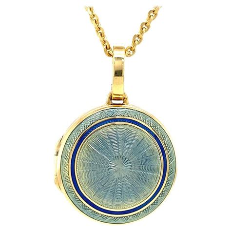 Round Blue Vitreous Guilloche Enamel Locket Pendant Necklace 18k Yellow