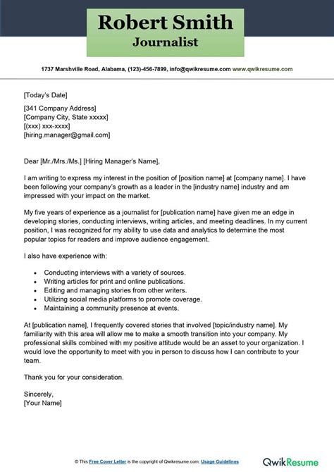 Journalist Cover Letter Examples Qwikresume