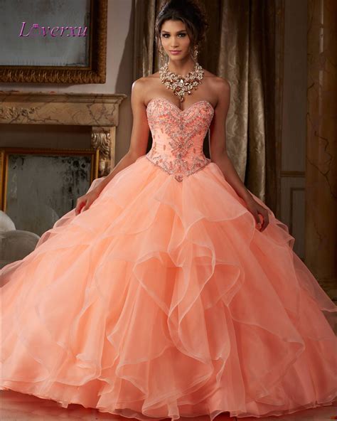 Loverxu Sweetheart Pink Ruffles Ball Gown Quinceanera Gown 2016 Beaded